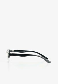 Black and transparent rectangular eyeglasses with metal accents, featuring sleek arms and a polished finish.