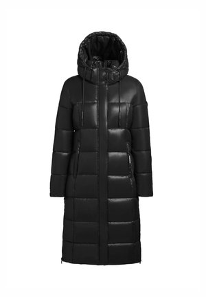 Black puffer coat with a hood, featuring a quilted design, front zipper, and adjustable drawstrings. Glossy finish with side pockets.
