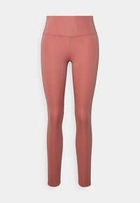 Legginsy z wysokim stanem w kolorze przykurzonego różu. Wykonane z gładkiego, elastycznego materiału o dopasowanym kroju, bez widocznych zapięć czy wzorów.