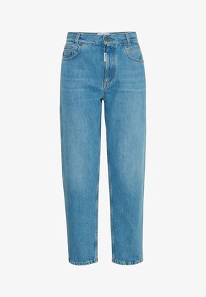 Lyseblå, rette jeans laget av denim. Har fem lommer, knapp- og glidelås-lukking, og kontraststing.