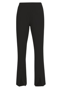 Černé rozšířené kalhoty s hladkou texturou, s bočními rozparky na lemu a přiléhavým pasem. Bez viditelných zapínání.