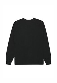 Schwarzes Langarm-T-Shirt aus Baumwolle. Es verfügt über einen Rundhalsausschnitt und gerippte Bündchen. Rückseite schlicht ohne Designs oder Logos.