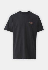 Black cotton t-shirt with a classic crew neck, featuring a small diamond-shaped graphic with intricate detailing on the left chest area.