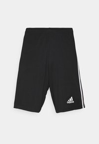 Shorts de sport noirs en tissu léger. Présentent un design simple, une taille élastique et des rayures blanches sur les côtés avec un logo sur l'ourlet.