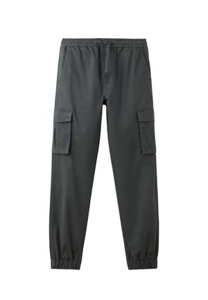 Pantalon cargo gris foncé avec taille et poignets élastiques, fermeture frontale à boutons et zip, et poches à rabat sur chaque cuisse.
