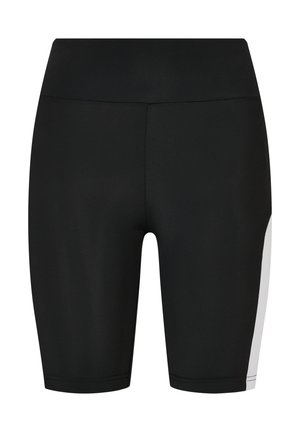 Juodi sportiniai šortai su lygiu paviršiumi, iki kelių ilgio dizainu ir balta šonine akcentine plokštele. Turi elastinę liemenę.