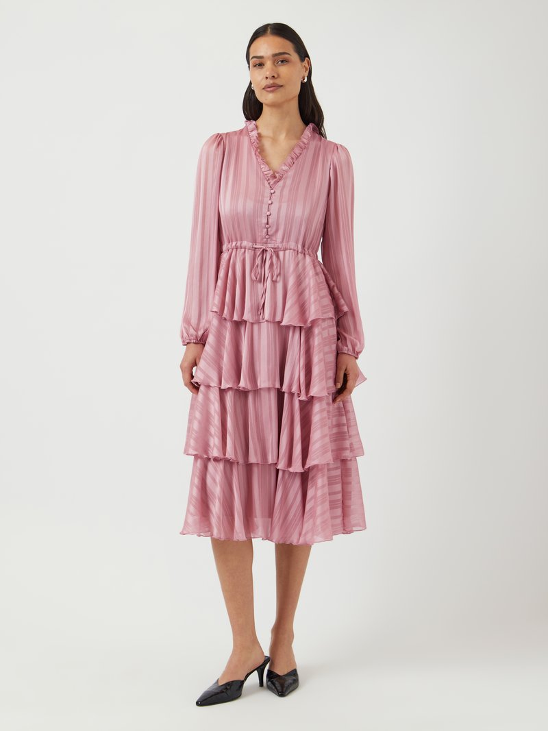 Pink, tiered dress with ruffled neckline and button front, featuring vertical stripes and long puff sleeves, paired with black heels.