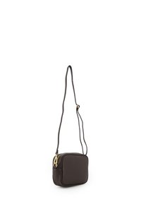 Brown leather crossbody bag with a rectangular shape, textured surface, gold zipper hardware, and a thin adjustable strap.