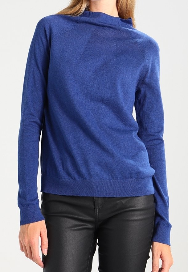 Donna che indossa un maglione blu a maniche lunghe con scollo rotondo abbinato a pantaloni neri aderenti su uno sfondo neutro.