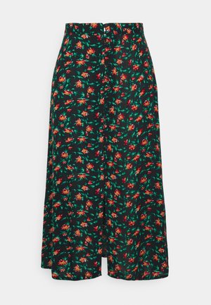 Blomster midi-nederdel med sort baggrund og røde og orange blomster, grønne blade og knaplukning foran. Letvægtsstof.