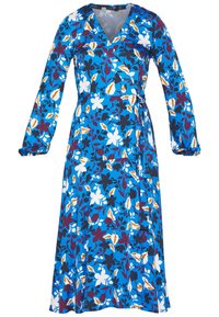 Blaues Wickelkleid mit langen Ärmeln, floralem Muster in Weiß, Burgunderrot und Gelb, tailliert mit einem fließenden Rock.