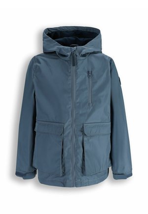 Niebieska kurtka z kapturem, z przednim zamkiem błyskawicznym, kieszenią na piersi na zamek, dwiema dużymi kieszeniami z klapami oraz regulowanymi paskami na nadgarstkach.