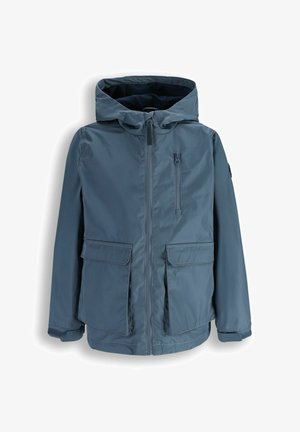 Niebieska kurtka z kapturem, z przednim zamkiem błyskawicznym, kieszenią na piersi na zamek, dwiema dużymi kieszeniami z klapami oraz regulowanymi paskami na nadgarstkach.