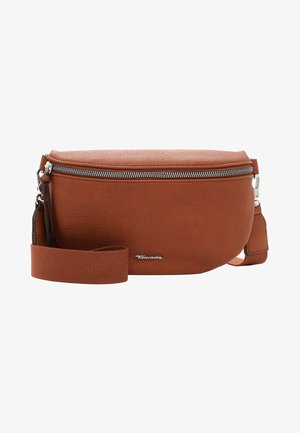 Bruine leren schoudertas met een ritssluiting, textuur oppervlak, verstelbare stoffen schouderriem en een merklogo detail aan de voorkant.