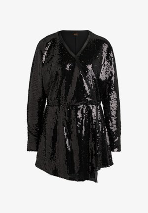 Fekete flitteres felső hosszú ujjakkal, V-kivágással és keresztbe csukott fazonnal. Illeszkedő derék és drapírozott alj jellemzi, amely strukturált sziluettet kölcsönöz.