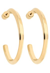 Gouden hoop oorbellen met een gladde, glanzende oppervlakte, een afgerond ontwerp en open uiteinden, wat zorgt voor een eigentijdse uitstraling.