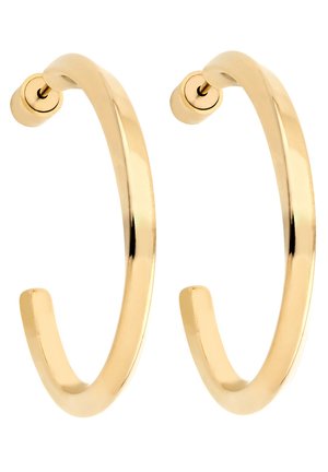 Gouden hoop oorbellen met een gladde, glanzende oppervlakte, een afgerond ontwerp en open uiteinden, wat zorgt voor een eigentijdse uitstraling.