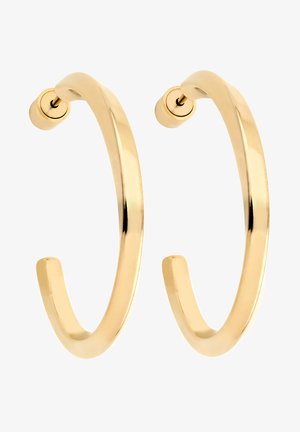 Gold hoop earrings featuring a smooth, shiny surface with a rounded design and open ends, providing a contemporary look.