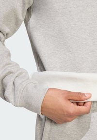 Grå sweatshirt med en vit fleece midja, med ribbade manschetter och texturvariationer, som framhäver komfort och avslappnad design.