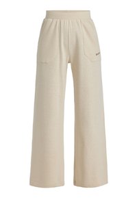 Beige weitbeinige Hose aus weichem Stoff, mit zwei vorderen Taschen und einem elastischen Bund. Dezente Markenkennzeichnung an der Seite.
