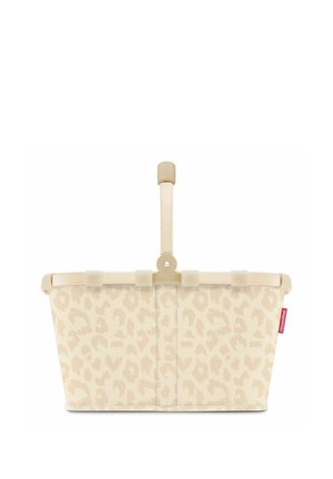 Beiger faltbarer Einkaufskorb mit hellem Leopardenmuster und einem einzelnen beigen Griff, an der Seite mit einem roten "reisenthel"-Etikett versehen.
