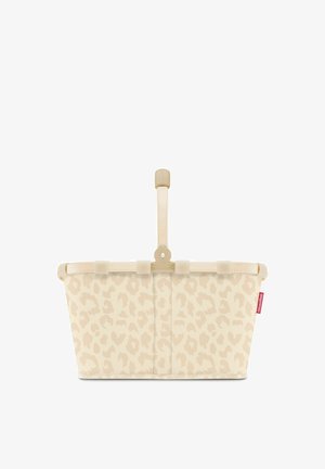 Beige opvouwbare boodschappentas met lichte luipaardprint en een enkele beige handgreep, aan de zijkant voorzien van een rood "reisenthel" label.