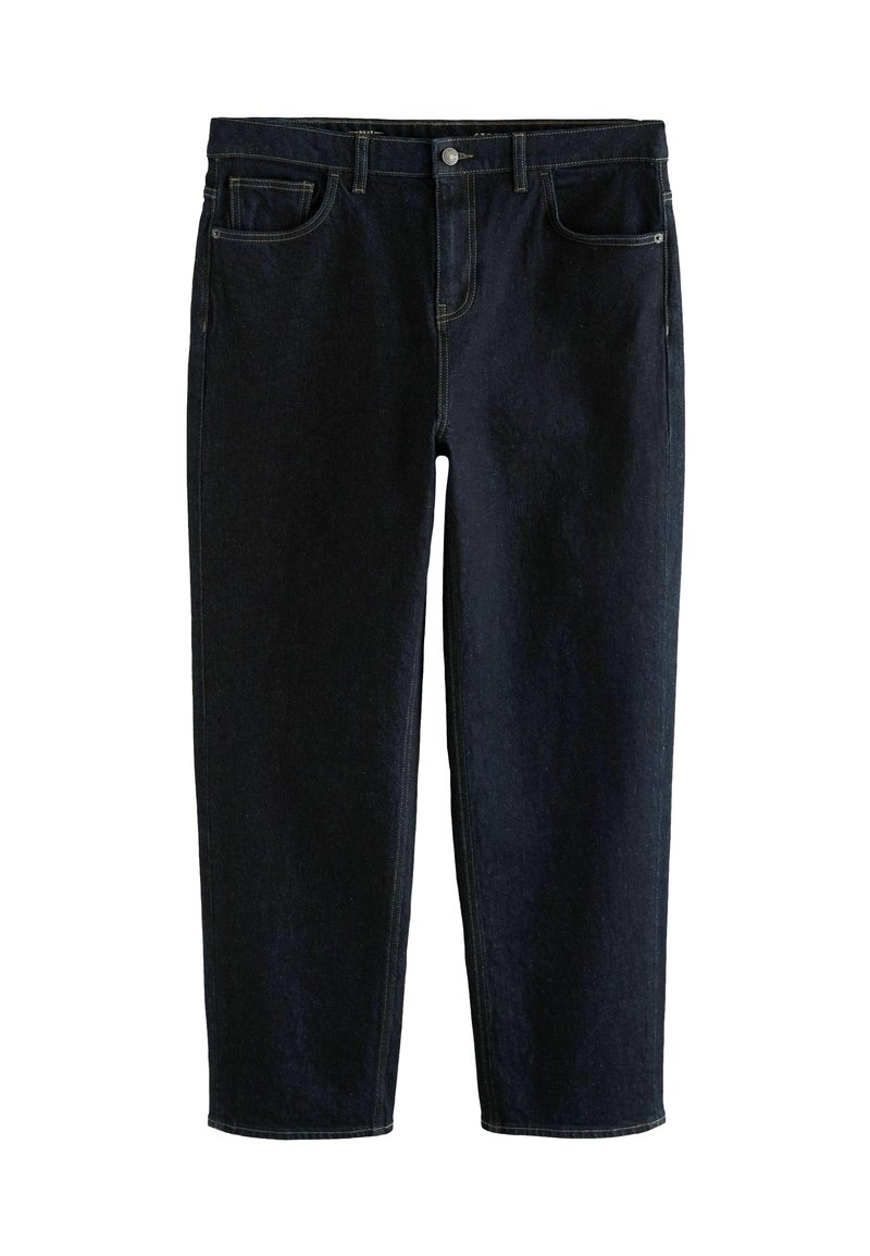 Jeans de mezclilla azul oscuro con corte recto, diseño de cinco bolsillos y cierre de botón de metal. Detalles de costura visibles a lo largo de las costuras y bolsillos.
