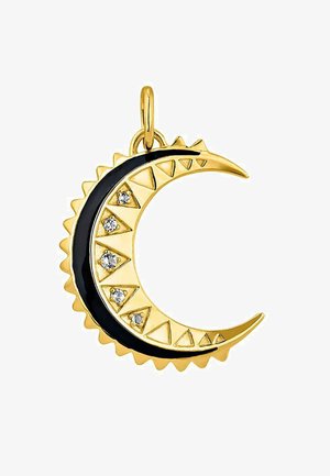 Colgante de luna creciente dorada con esmalte negro, acentos triangulares y cuatro piedras brillantes. Presenta un borde texturizado y dentado.