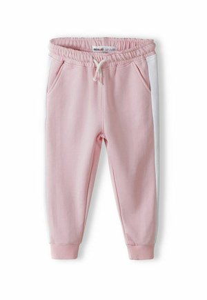 Pantaloni tuta rosa con elastico in vita e coulisse, dotati di tasche laterali e pannelli laterali bianchi. Texture morbida con polsini a costine.