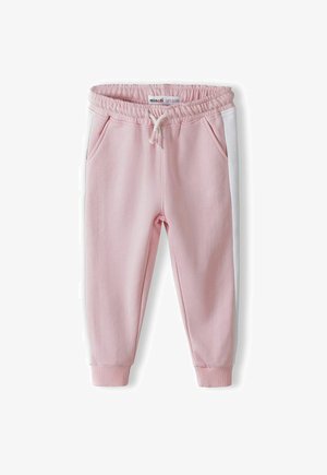 Rožinės sportinės kelnės su elastinga juosta ir raišteliu, turinčios šonines kišenes ir baltas šonines juostas. Minkšta tekstūra su banguotais rankogaliais.