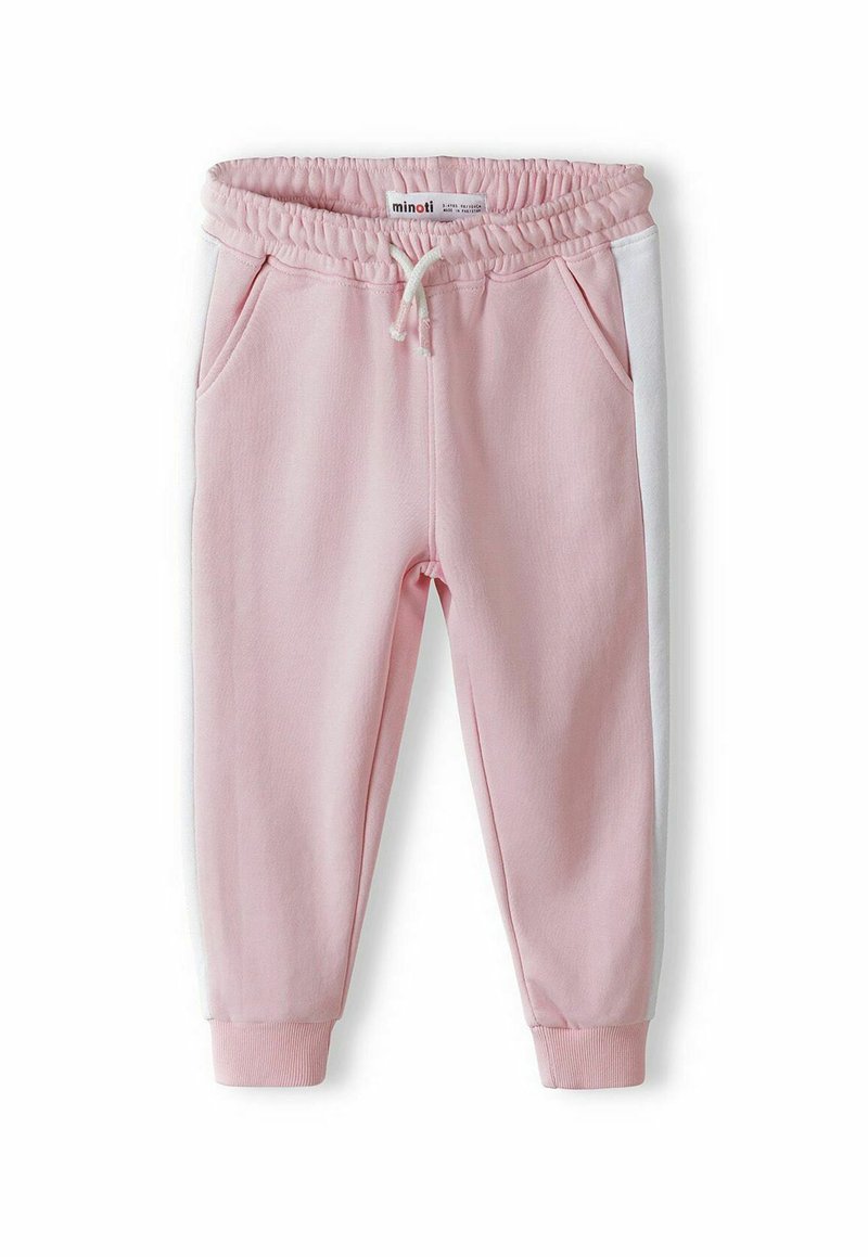 Rosa mjukisbyxor med elastisk midja och dragsko, med sidofickor och vita sidopaneler. Mjuk textur med ribbade muddar.