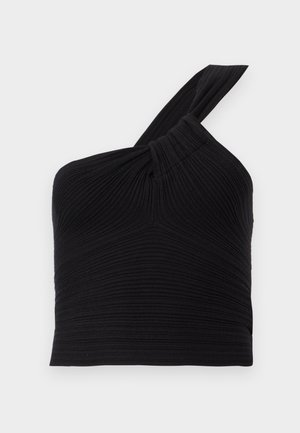 Czarny prążkowany krótki top z asymetrycznym, jedno-ramiennym krojem i zawiązaniem w formie skręconego węzła na ramiączku.