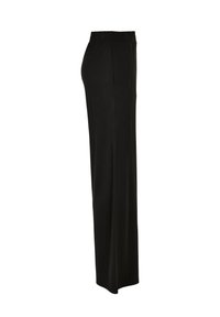 Black wide-leg pants made of soft fabric. Elastic waistband, side pockets, and a smooth texture. Long and straight cut.