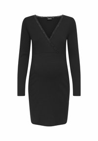 Robe de maternité noire côtelée à manches longues, décolleté en V avec bordure en dentelle, et silhouette cintrée pour le confort et le soutien.