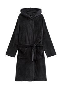 Zwarte fleece badjas met een capuchon, lange mouwen, een strik aan de voorkant en twee voorzakken. Zachte textuur met een eenvoudig ontwerp en zonder patronen.