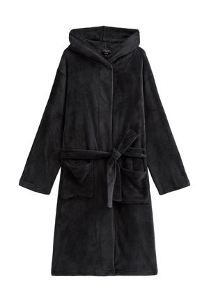 Svart fleecebadrock med huva, långa ärmar, knytning framtill och två framfickor. Mjuk textur med enkel design och utan mönster.