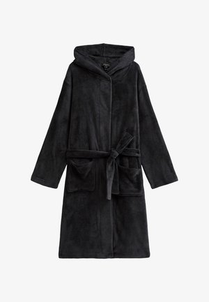 Zwarte fleece badjas met een capuchon, lange mouwen, een strik aan de voorkant en twee voorzakken. Zachte textuur met een eenvoudig ontwerp en zonder patronen.