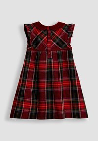 Kariertes Baumwollkleid in Rot, Grün und Gelb, mit kurzen Rüschensäulen, einem runden Kragen und einer Knopfleiste im Rücken. A-Linien-Form, knielang.