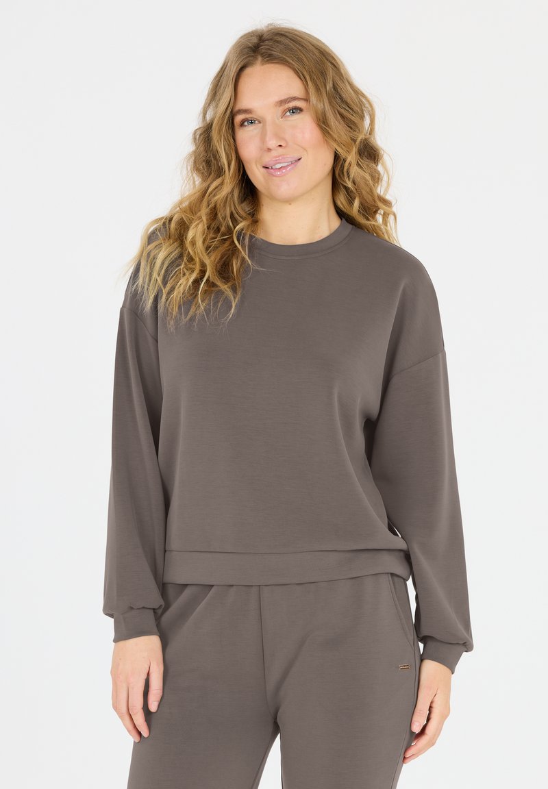 Grauer Pullover-Sweatshirt mit rundem Ausschnitt, langen Ärmeln und lässiger Passform, aus einem weichen, glatten Stoff hergestellt. Minimale Akzentdetails.