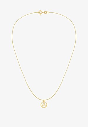 Aukso atspalvio vėrinys su subtilia grandinėle ir apvaliu pakabuku, kuriame yra ryškus „A“ dizainas. Grandinėlė užsegama su omaro užsegimu.