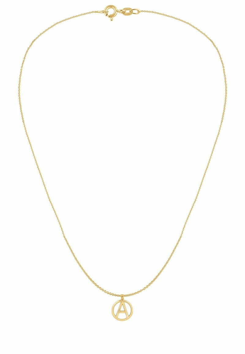 Naszyjnik w złotym odcieniu z delikatnym łańcuszkiem i okrągłym wisiorkiem z wyraźnym motywem litery "A". Łańcuszek zapinany na zapięcie typu karabińczyk.