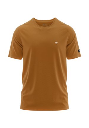 Effen bruin T-shirt met korte mouwen en ronde hals, met een klein wit berenlogo op de linkerborst en een zwart label op de linkermouw.