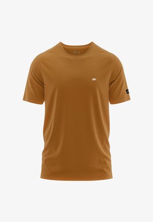 Effen bruin T-shirt met korte mouwen en ronde hals, met een klein wit berenlogo op de linkerborst en een zwart label op de linkermouw.