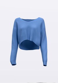 Modra odprta jopica iz teksturirane pletene tkanine. Ponaša se s širokim izrezom in dolgimi rokavi, z izraženim sproščenim, ohlapnim krojem.