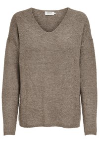 V-Ausschnitt Strickpullover in einem mittleren Braunton, mit langen Ärmeln und einer leicht übergroßen Passform, durchgehend mit Rippstruktur.