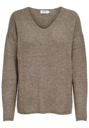 Maglione lavorato a maglia a V in un colore marrone medio, con maniche lunghe e una vestibilità leggermente oversize, caratterizzato da una texture a coste.