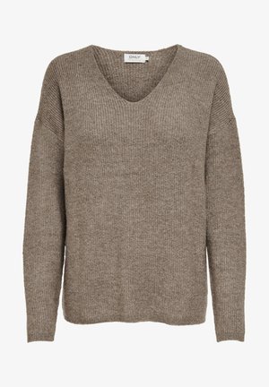 Pull en maille col en V de couleur marron moyen, doté de manches longues et d'une coupe légèrement oversized avec une texture côtelée sur l'ensemble.