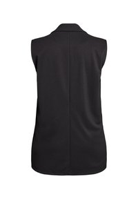 Top senza maniche nera con colletto, tessuto liscio e vestibilità sartoriale. Presenta un orlo leggermente curvato e dettagli delle cuciture posteriori.