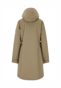 Khaki vandafvisende jakke med hætte, lange ærmer, justerbar talje og en glat, mat overflade. Har et minimalistisk design uden synlige mønstre.