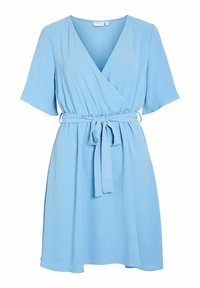 Light blue knee-length dress with V-neck, short sleeves, elastic waist, and fabric belt tied in front.